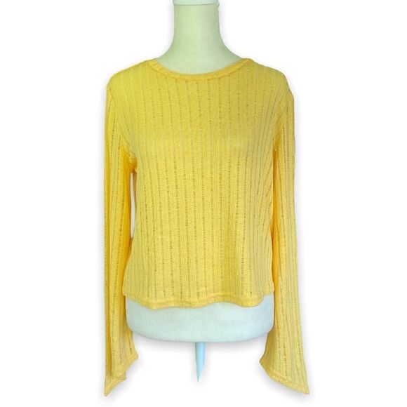 Zara Canary Yellow Open Knit Bell Sleeve Lightweight Sweater | Size Small - Picture 1 of 11